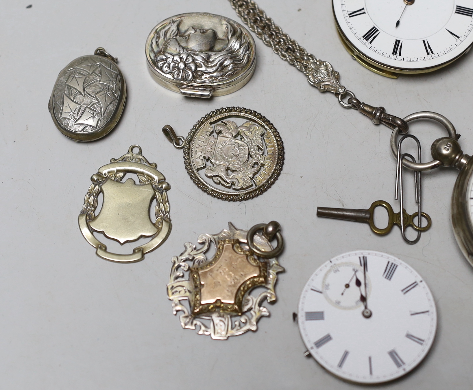 A late Victorian silver open faced pocket watch by J. Williams of Carmarthen, together with other watch movements, pill box, medallions etc.